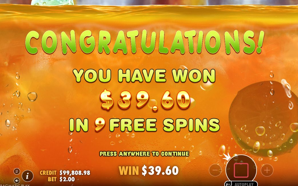 Win screen showing the payout for a line win